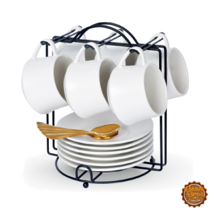 Lareina Porcelain Cappuccino Cups Set of 6 with Saucers, Spoons and Stand, 7 oz, Snow White