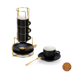Lareina Porcelain Cappuccino Cups, 8 oz, Set of 4 with Saucers, Spoons and Stand, Black