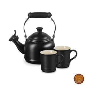 Le Creuset Demi Kettle, 1.25 qt, and 2 Mugs, 14 oz, Licorice with Black Knob