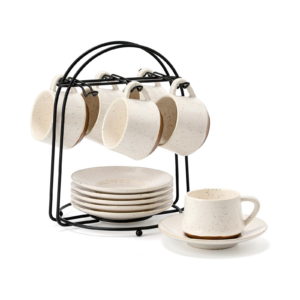 SIDUCAL Stackable Ceramic Cappuccino Cups with Saucers and Cup Holder, 4 oz, Set of 6, Speckled White