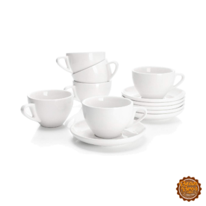 Sweese Porcelain Cappuccino Cups with Saucers, 6 oz, Set of 6, White