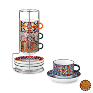 vancasso Stackable Espresso Cups with Saucers, Set of 4, 2.5 oz, Bohemian